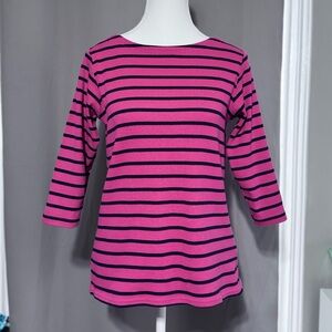 L.L. Bean Pink and Navy Striped Boatneck 3/4 Sleeve Top